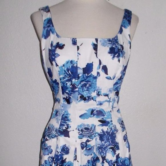 LAUREN RALPH LAUREN MS SZ 4 BLUE & WHITE FLORAL PRINT FIT N FLARE FASHION DRESS - Picture 1 of 8